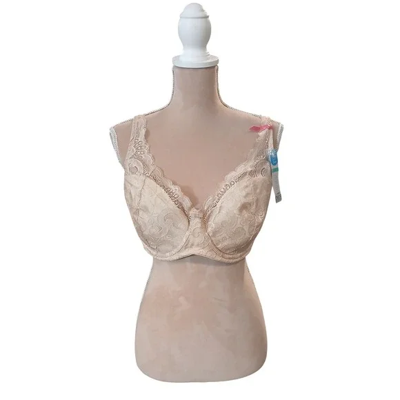 Playtex Love My Curves Lift Bra 40DD Beige Lace Plunge Neckline Stretch Cups - Picture 1 of 9